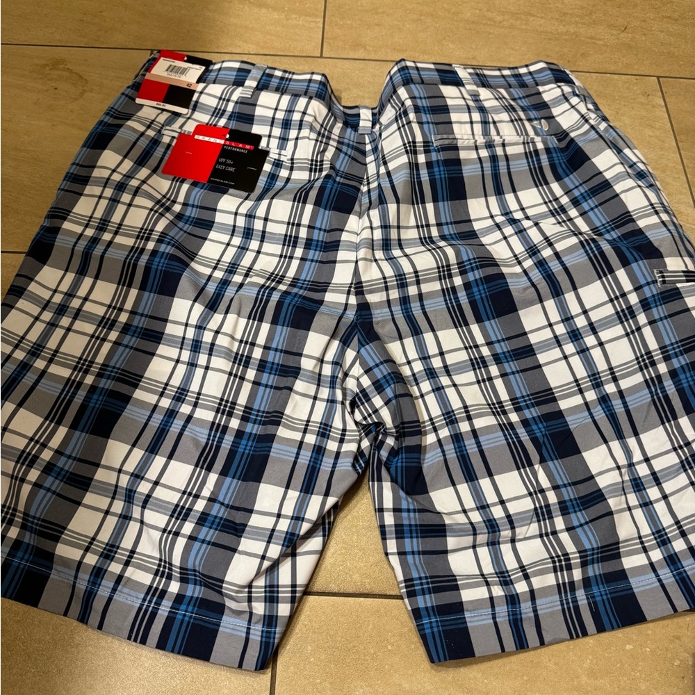 Men's Plaid Flat Front Shorts in Blue and White